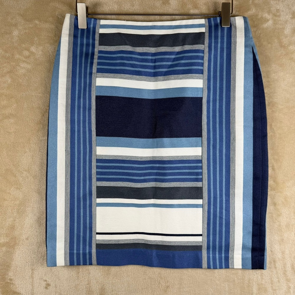 J.McLaughlin Blue White Striped Pencil Skirt Size 4 Rayon Blend Career Nautical